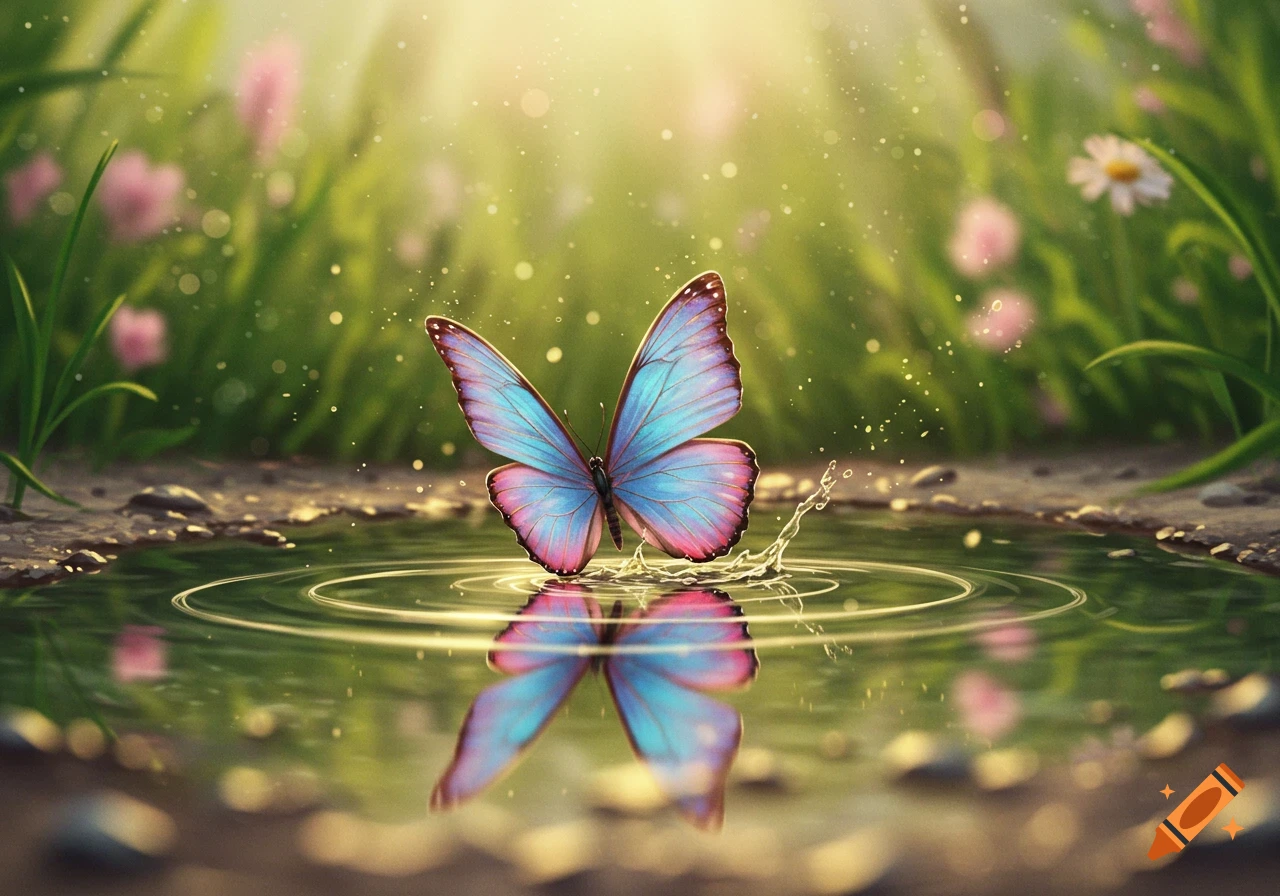 A vibrant blue and pink butterfly hovers just above reflective water, creating ripples and splashes in a sunlit natural setting.