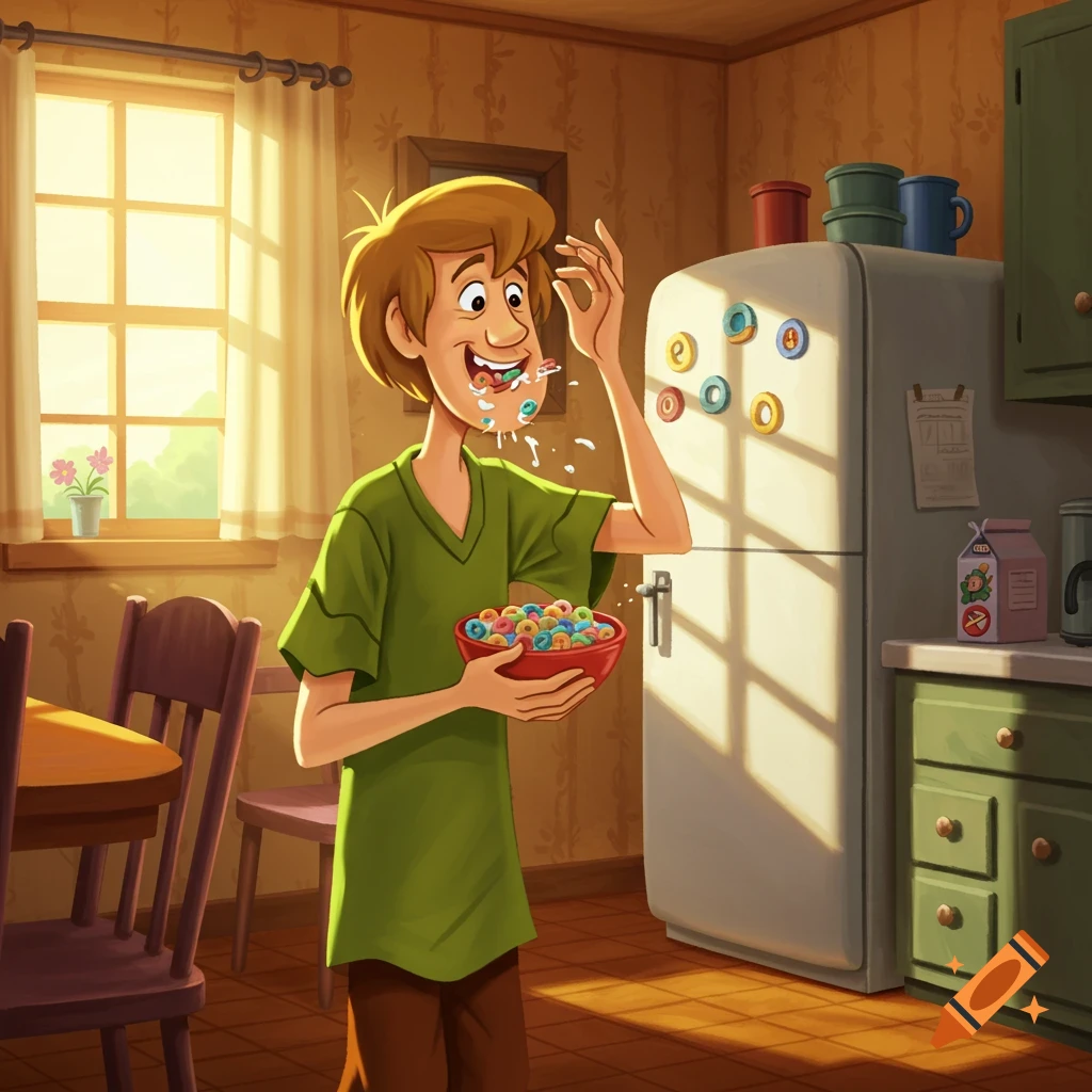 Cartoon Shaggy Rogers smiles while spilling cereal and milk, holding a red bowl in a sunlit kitchen.