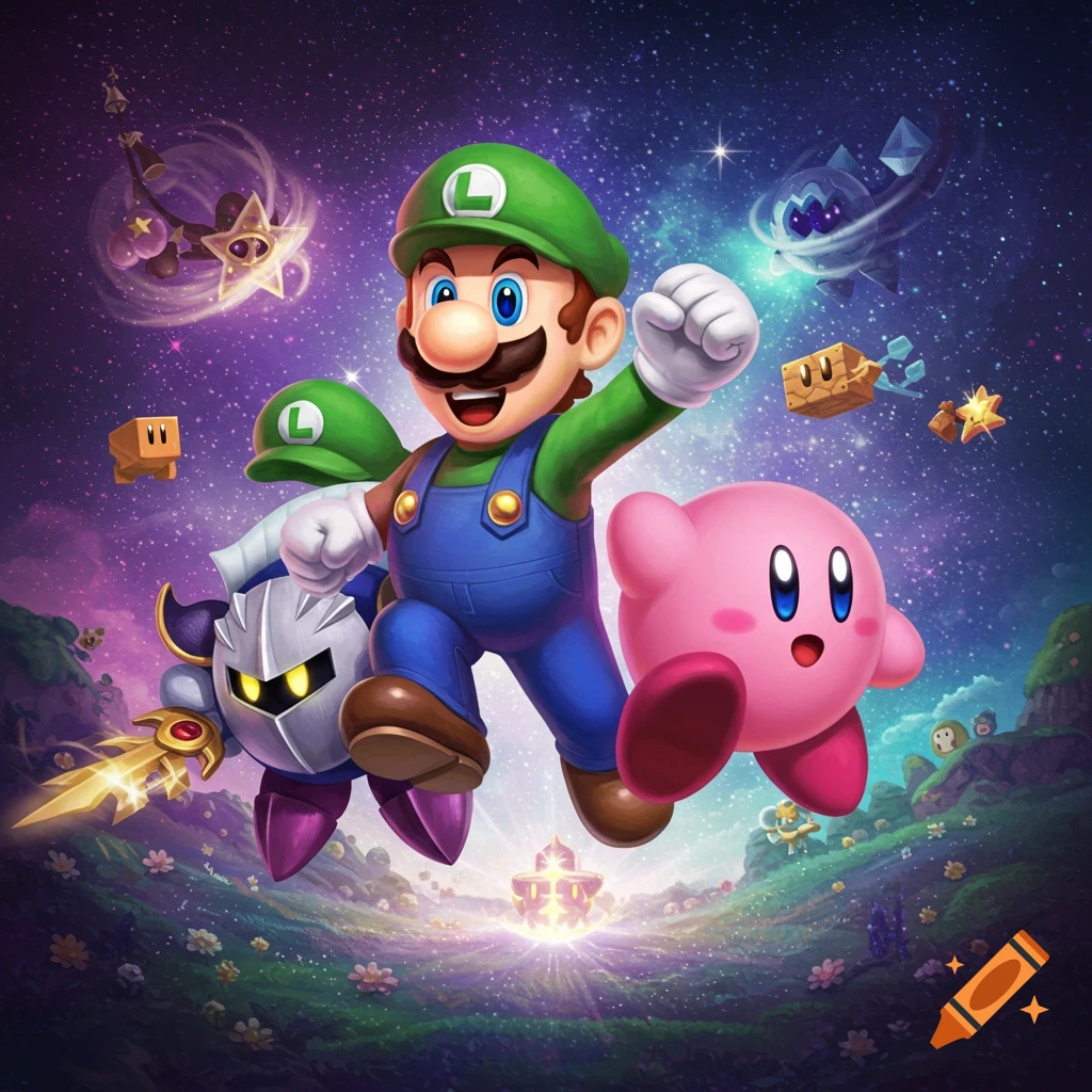 Luigi, Kirby, and Meta Knight characters fused together, jumping through a starry sky above a fantastical landscape.