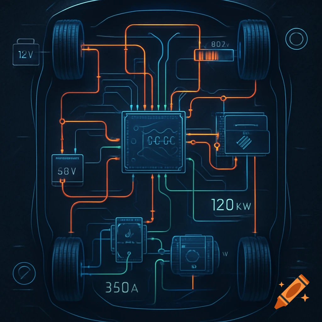 A detailed, glowing blue and orange technical diagram showing the wiring and components of an electric car's system.