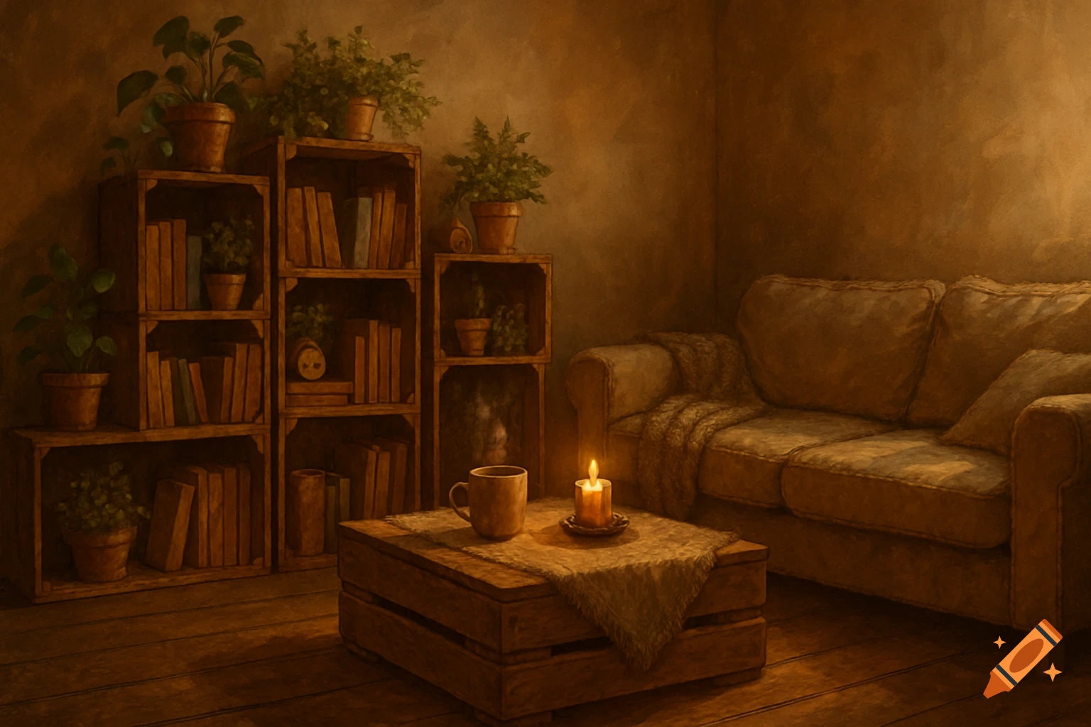 A rustic and cozy living room with wooden shelves full of books and plants, a couch, and a coffee table with a mug and burning candle.