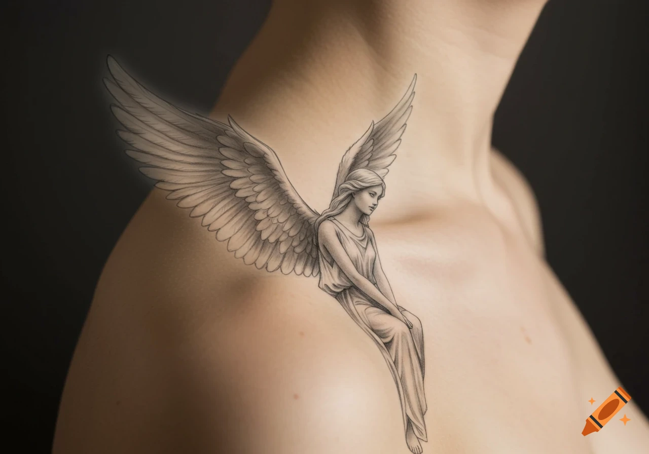A grayscale pencil design of a winged angel seated on a person's shoulder.