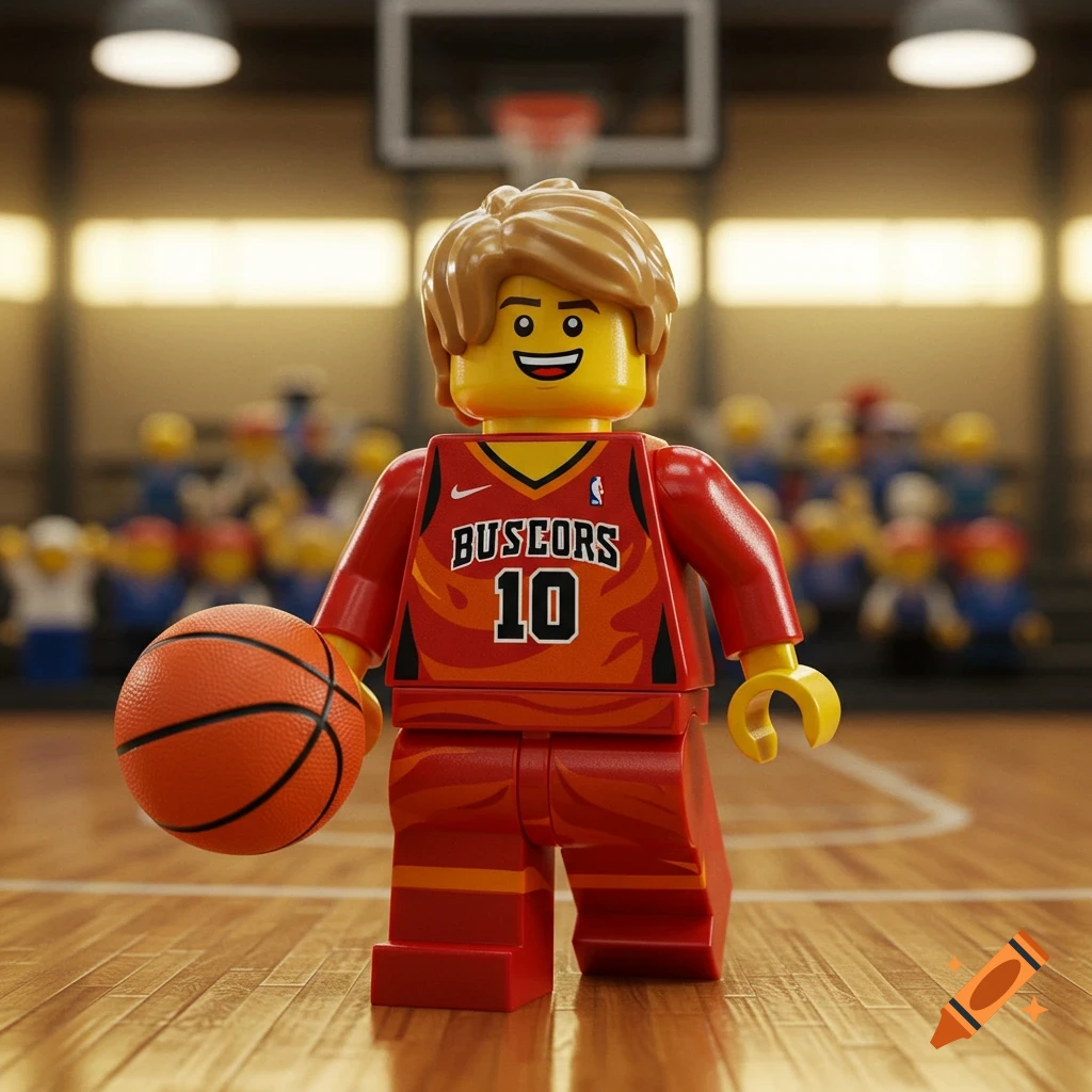 A LEGO minifigure with blond hair in a red and orange basketball uniform holds a basketball on a court.