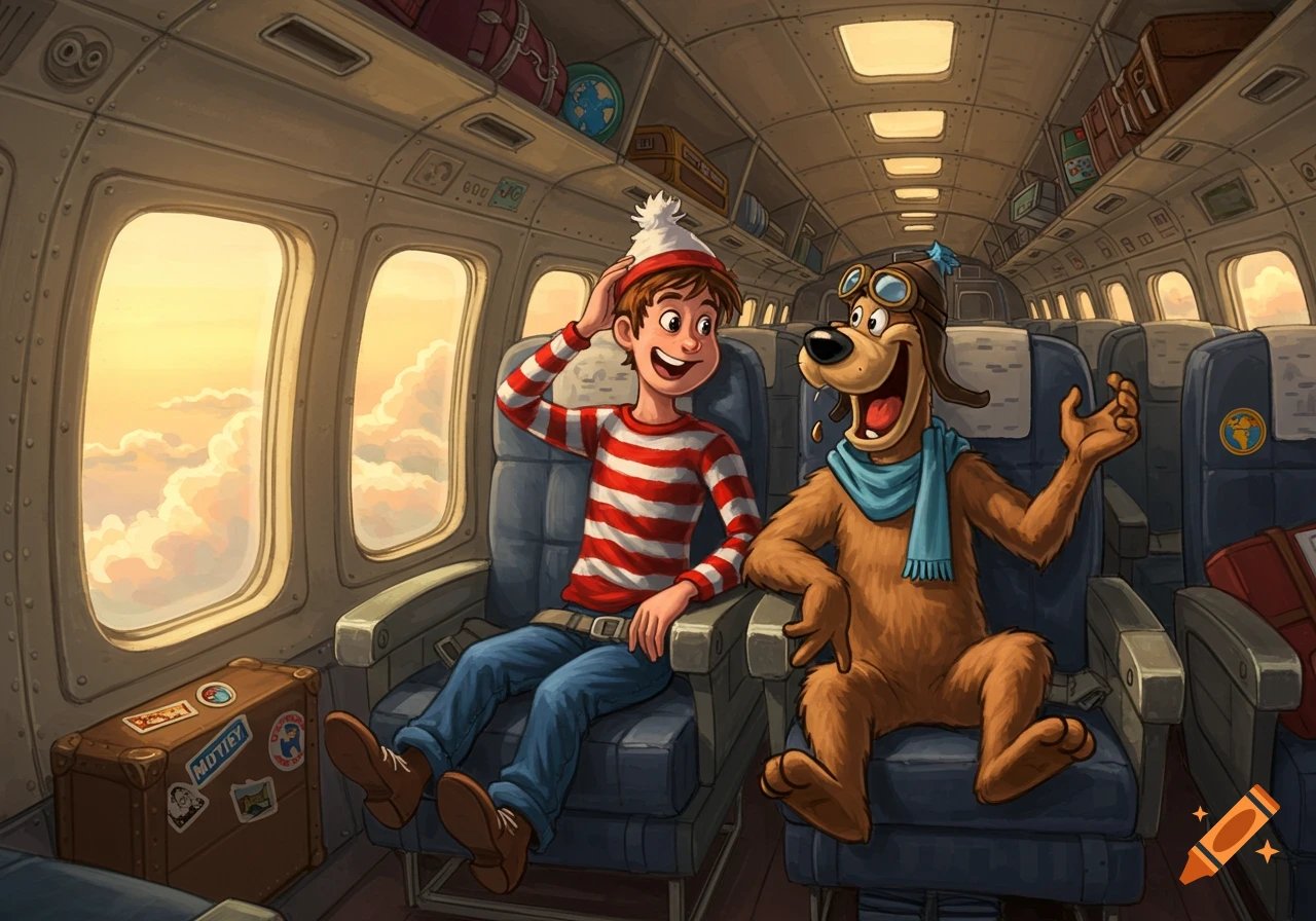 Cartoon illustration of Waldo and Mutley the dog flying in an airplane during sunset.