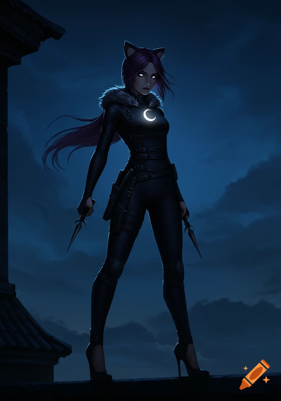 A cat-eared woman in black ninja attire with a glowing moon pendant and eyes, poised with knives on a dark rooftop at night, digital art.