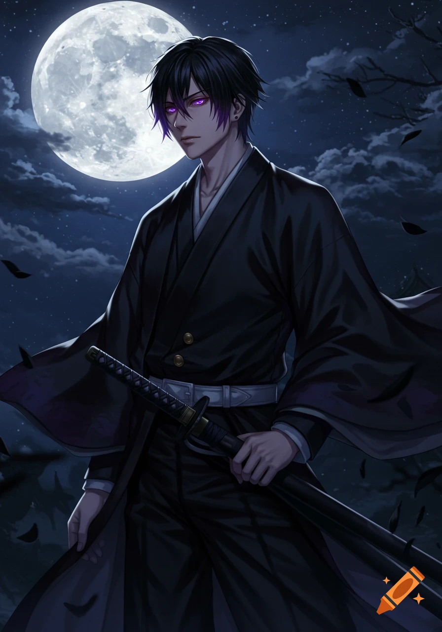 Anime male with black hair and purple eyes, wearing a black haori, holding a katana under a full moon.