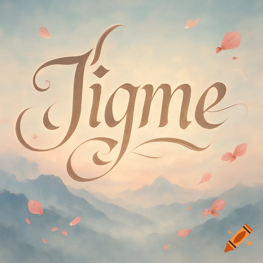 Calligraphic word 'Jigme' in elegant brown script, floating above hazy blue mountains and a pale sky with falling pink petals.