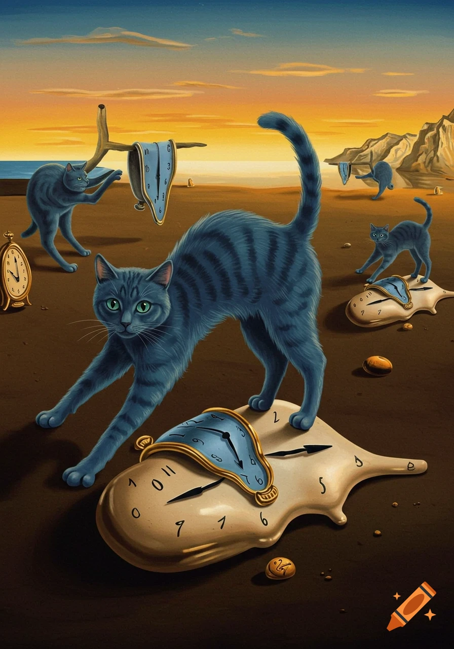 Surreal painting of blue tabby cats in a desert landscape with melting clocks under an orange sky.