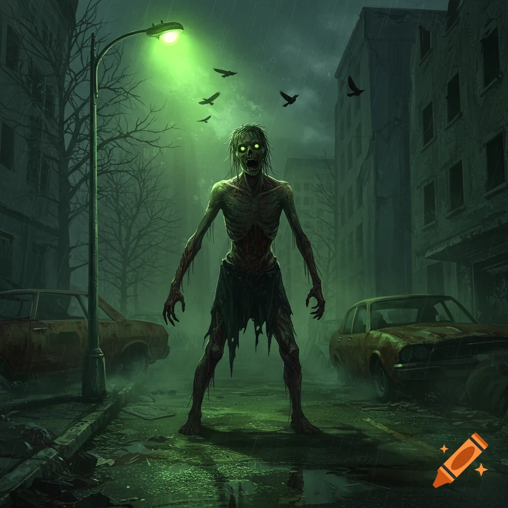 A terrifying zombie with glowing green eyes stands in a rainy, ruined city street under a green streetlamp, digital art.