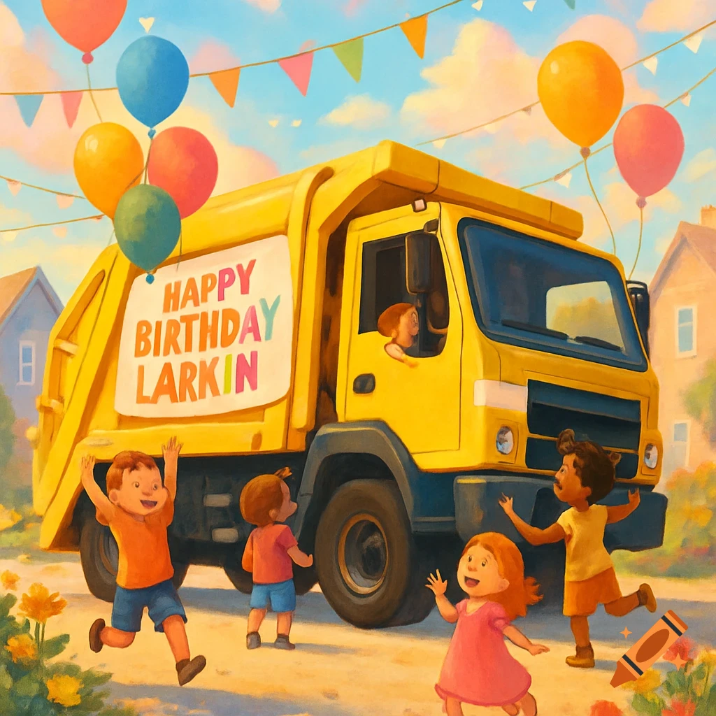 Illustrated birthday scene with children, a yellow garbage truck, balloons, and a banner saying 'Happy Birthday Larkin' in a neighborhood setting.