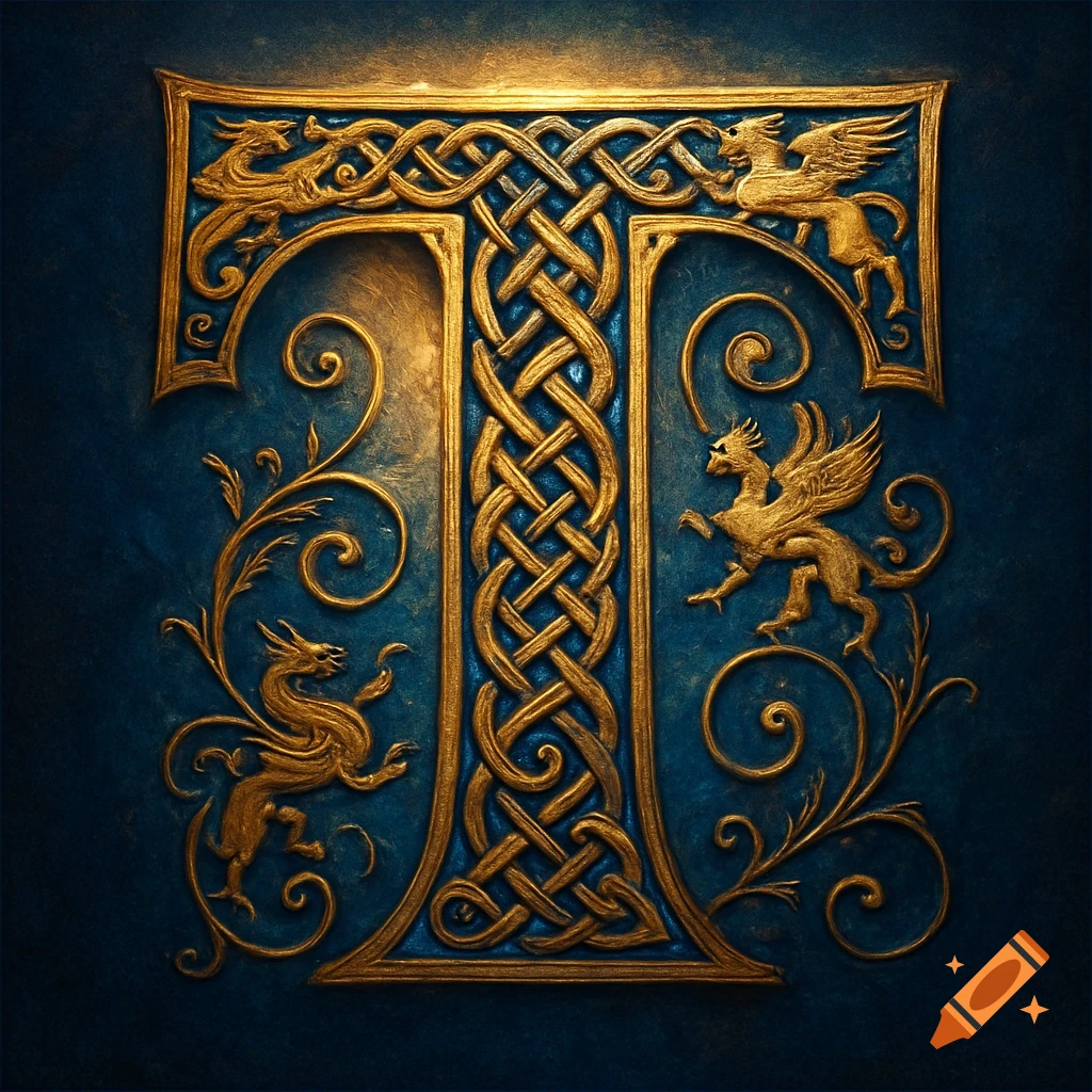 Ornate golden letter T with intricate Celtic knots and mythical creatures on a deep blue background, in illuminated manuscript style.