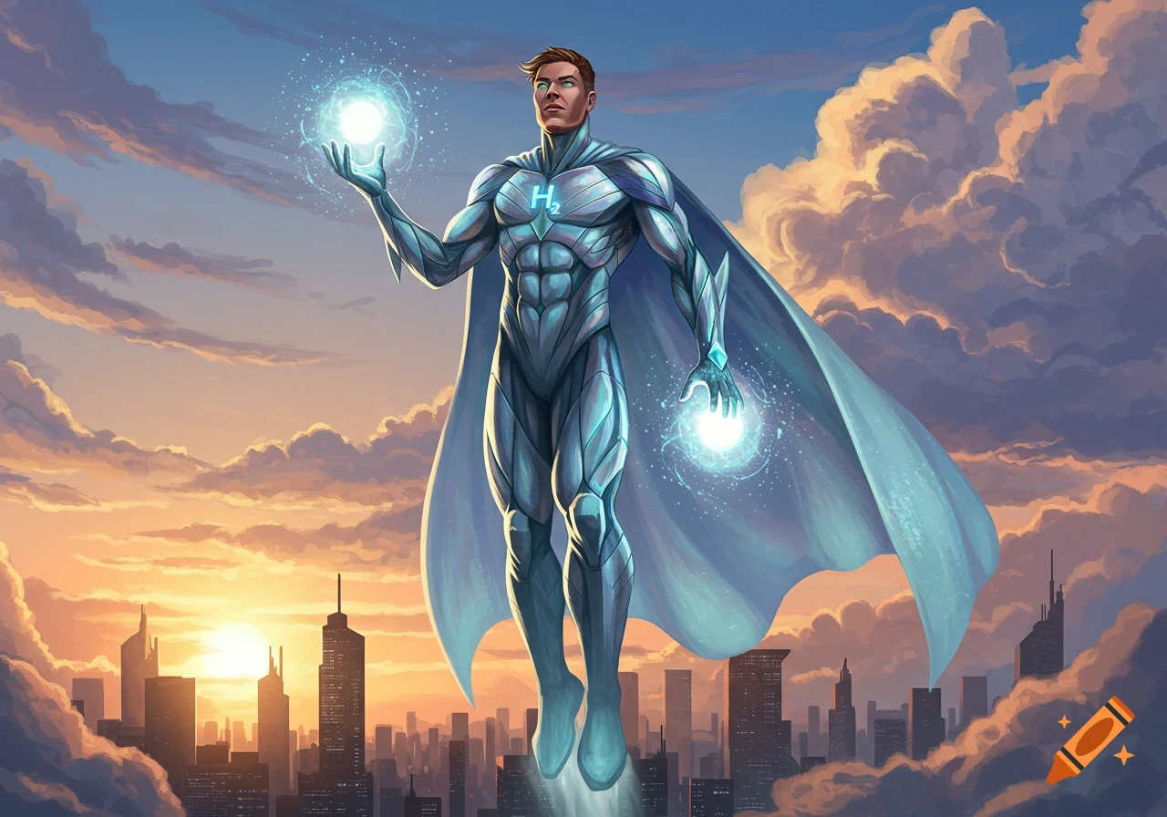 A male superhero in a blue and silver suit and cape floats above a city at sunset, holding glowing energy orbs.