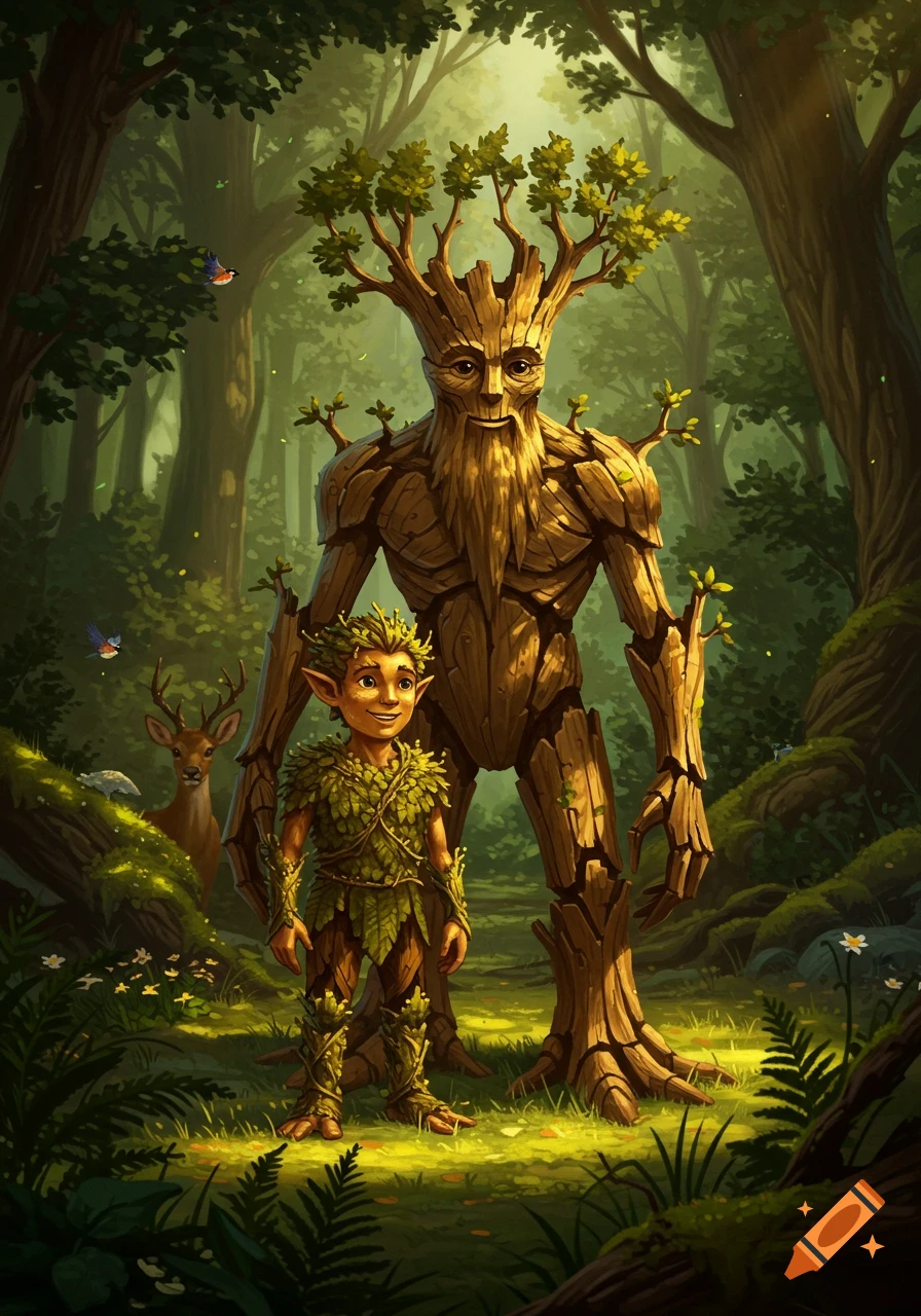 A kind tree humanoid and a small forest elf stand in a lush, sun-dappled forest, rendered in a detailed digital art style.