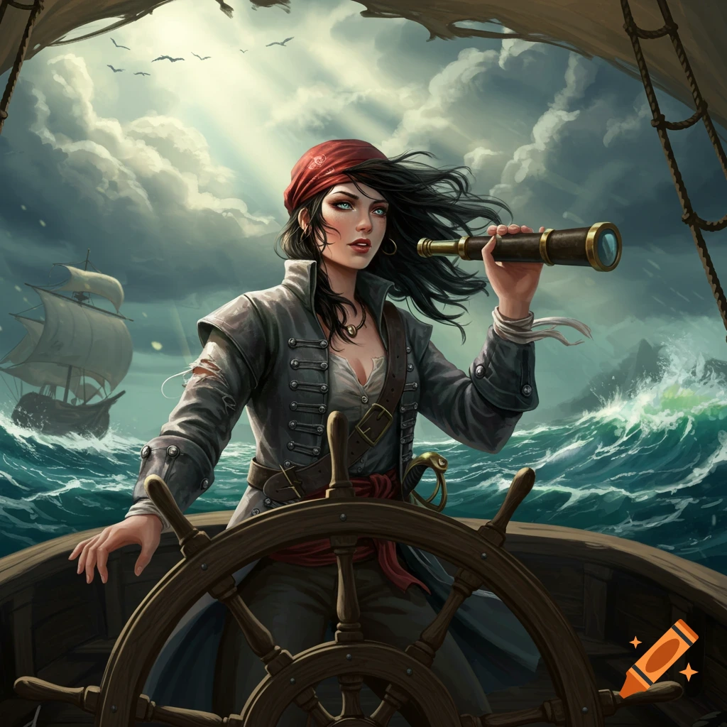 A female pirate with a red bandana and dark hair steers a ship, peering through a spyglass at a stormy sea with a distant ship, digital painting.
