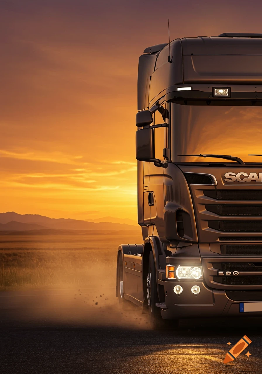 Photorealistic image of a brown Scania semi-truck on a road, kicking up dust at a vibrant sunset.