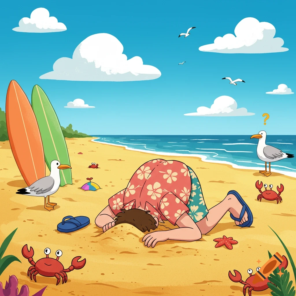 A cartoon person in a Hawaiian shirt has their head buried in the sand on a sunny beach, surrounded by surfboards, seagulls, and crabs.