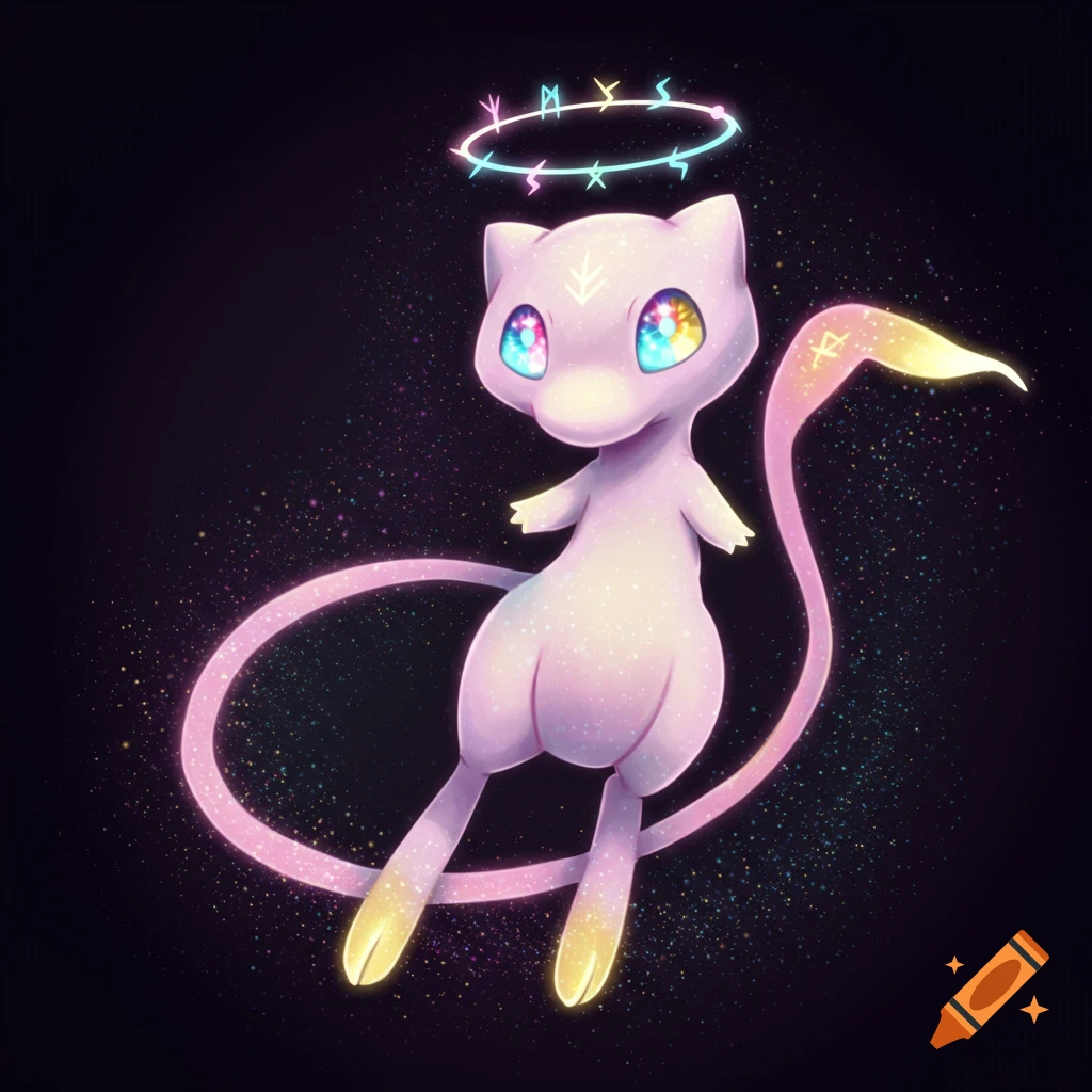 A glowing, pink, cat-like Mew with large, multicolored eyes and a halo of runes above its head, against a dark, star-filled background.