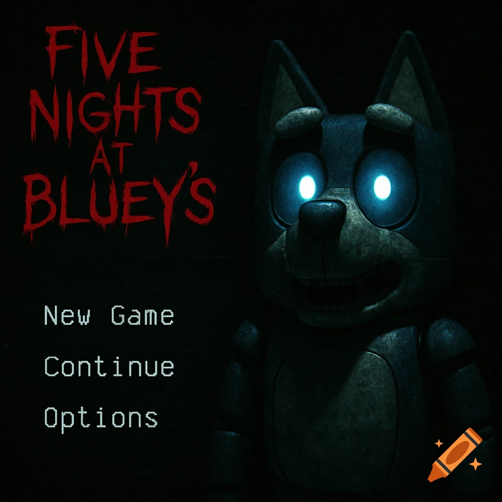 A dark horror video game menu screen titled 'Five Nights at Bluey's' featuring a creepy, glowing-eyed animatronic.