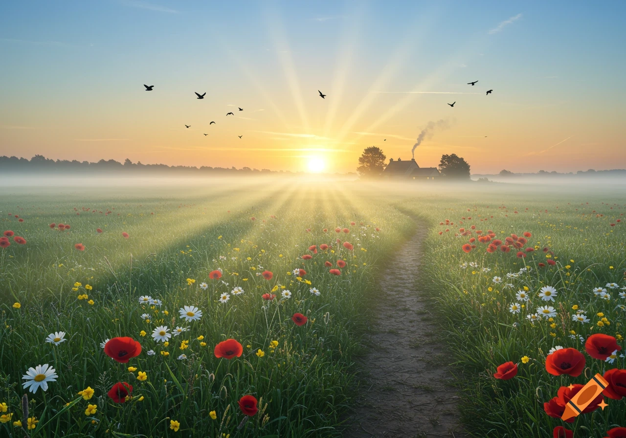 A dirt path through a misty field of red poppies and white daisies, leading to a house at sunrise with birds.