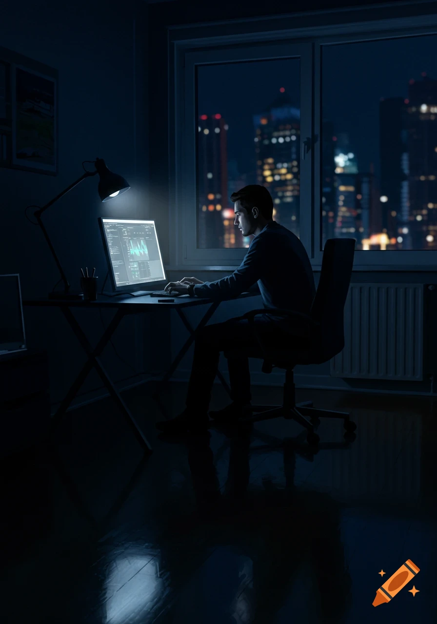 A man works on a computer in a dark room at night, with a city skyline visible through the window.