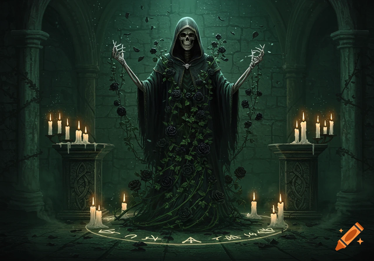 A skeletal figure in a hooded cloak, adorned with black roses, performs a dark ritual surrounded by candles and glowing runes.