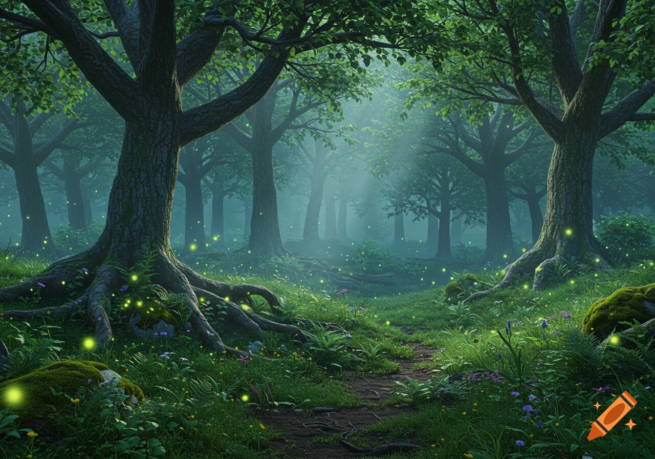 A magical forest scene with ancient trees, glowing fireflies, sunbeams, and a winding dirt path through lush green foliage.