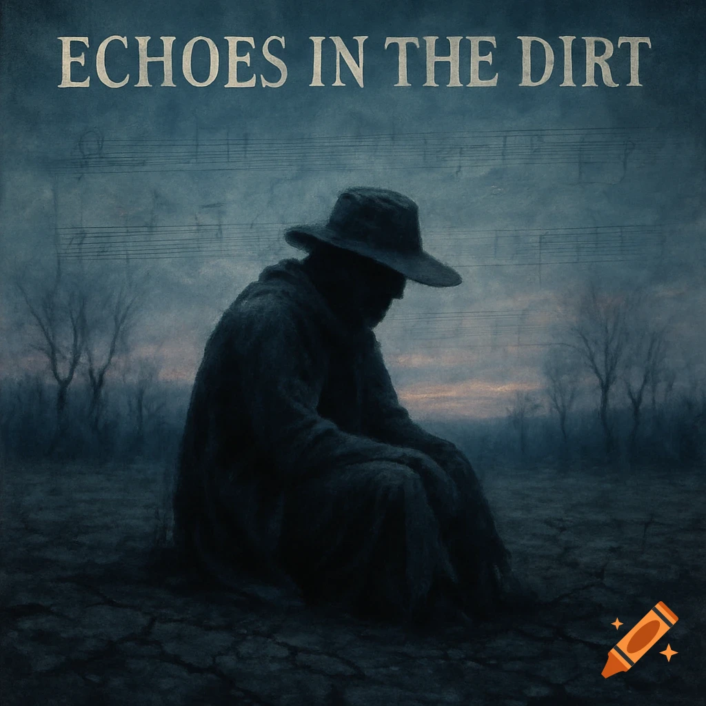 Dark, digital art album cover showing a cloaked figure in a wide hat sitting on cracked earth. Text 'ECHOES IN THE DIRT' above.