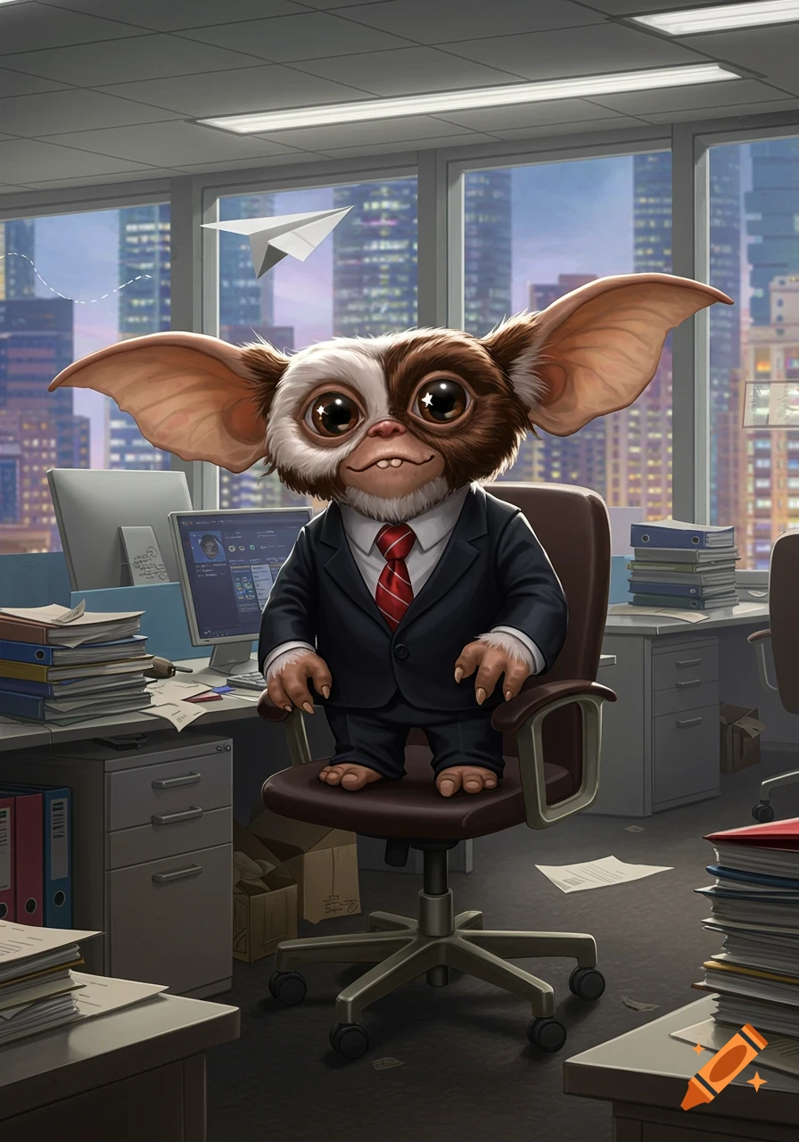 A cute brown and white gremlin in a suit sits in an office chair in a city office, with a paper airplane flying.