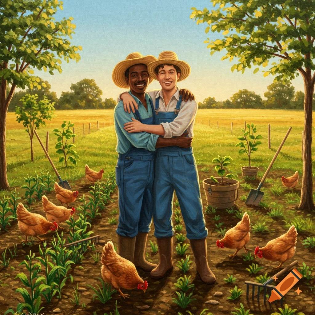 Two male farmers embrace in a sunny farm field with chickens and crops, illustrated in a warm style.