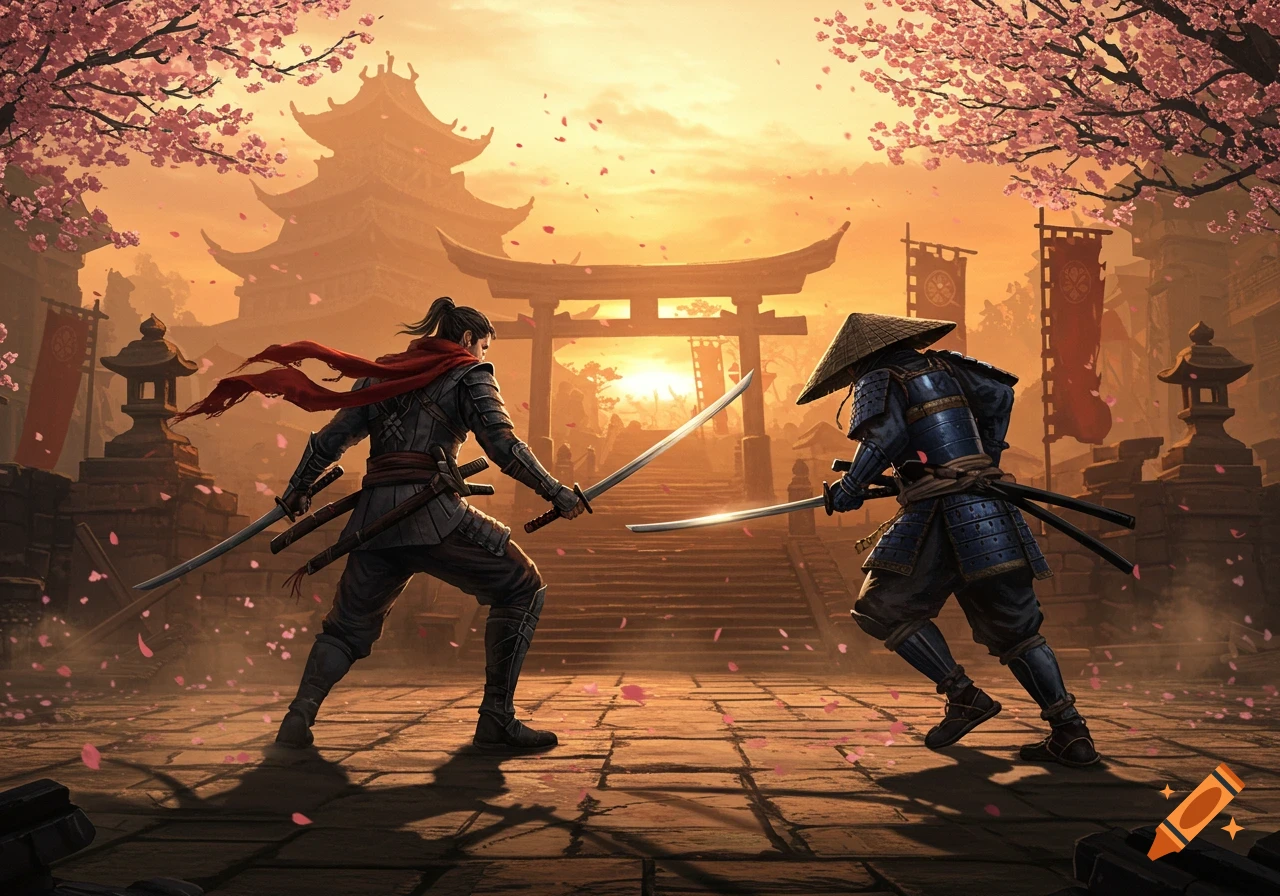 Two samurai, one dual-wielding and another in blue armor, face off with swords in a Japanese village with a pagoda, torii gate, and cherry blossoms.