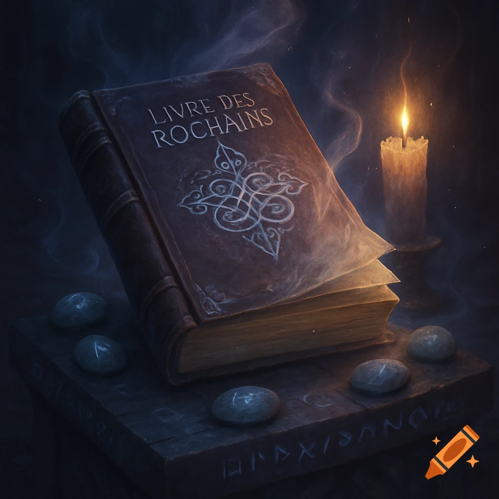 An old, magical book titled 'Livre des Rochains' rests open on a stone slab with runestones and a lit candle in a smoky, dark setting.