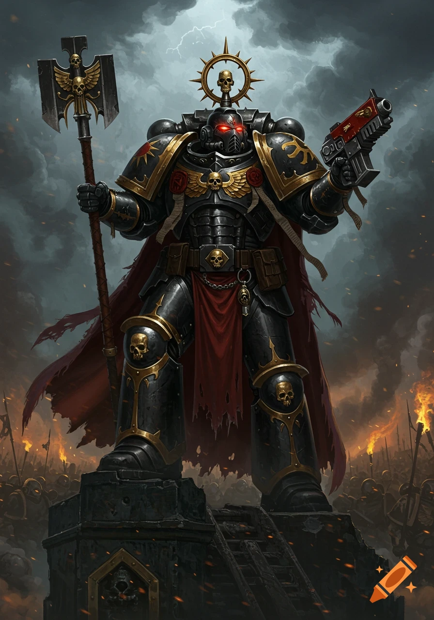 A heavily armored Warhammer 40k Space Marine Chaplain in black and gold armor, holding a power maul and a pistol, standing on a battlement under a stormy sky with lightning and a burning battlefield below.