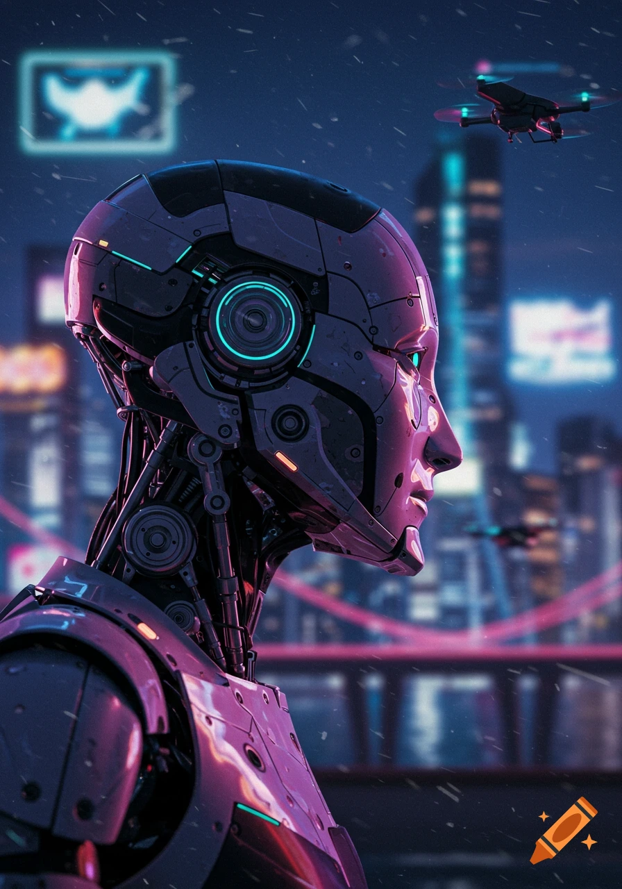 Profile view of a detailed cyborg in a neon-lit cyberpunk city, with drones flying in the rainy background.