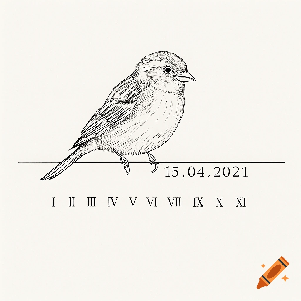 Delicate black and white line art illustration of a sparrow perched on a thin horizontal line, with the date 15.04.2021 and roman numerals I through XI below it, missing VIII.