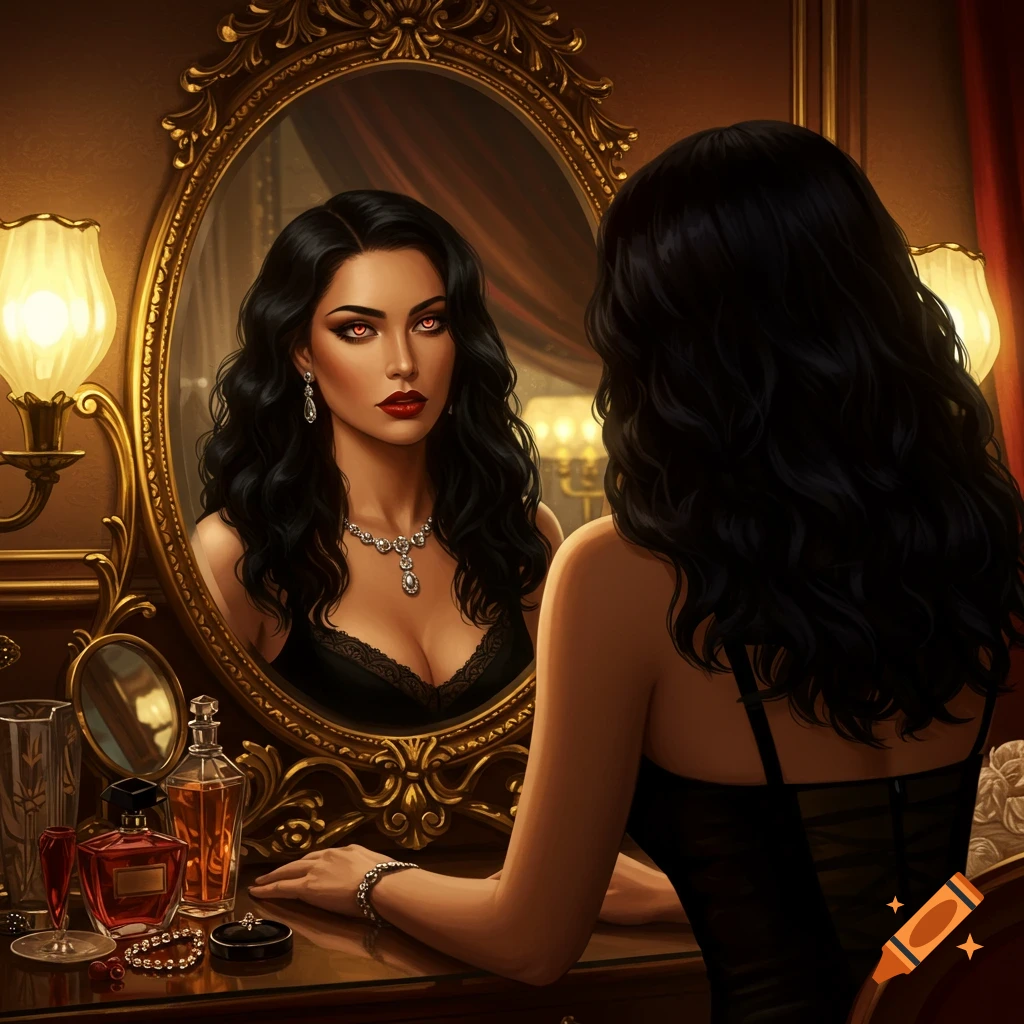 A dark-haired woman with red eyes and red lipstick, wearing a black top and jewelry, looks at her reflection in an ornate gold mirror on a dark vanity, digital art.