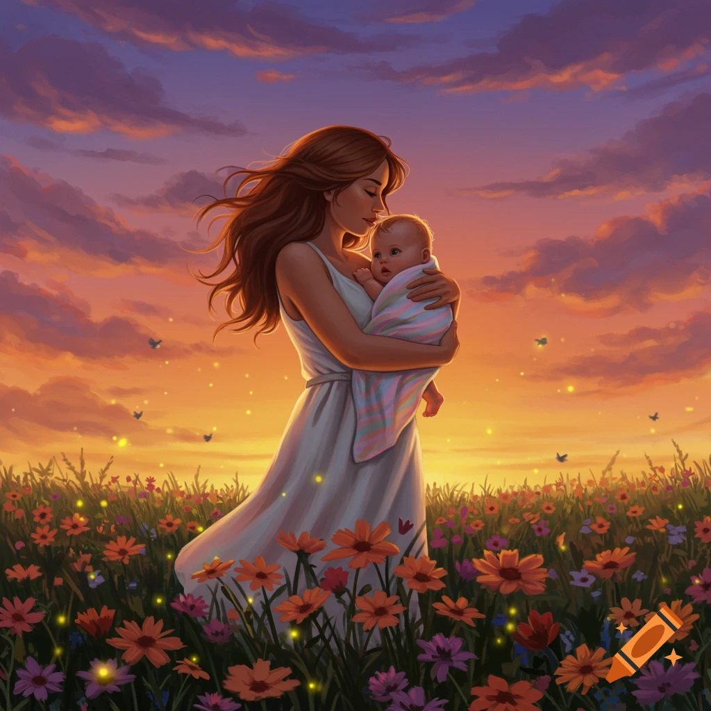 Digital painting of a mother cradling her baby in a vibrant flower field at a colorful sunset.