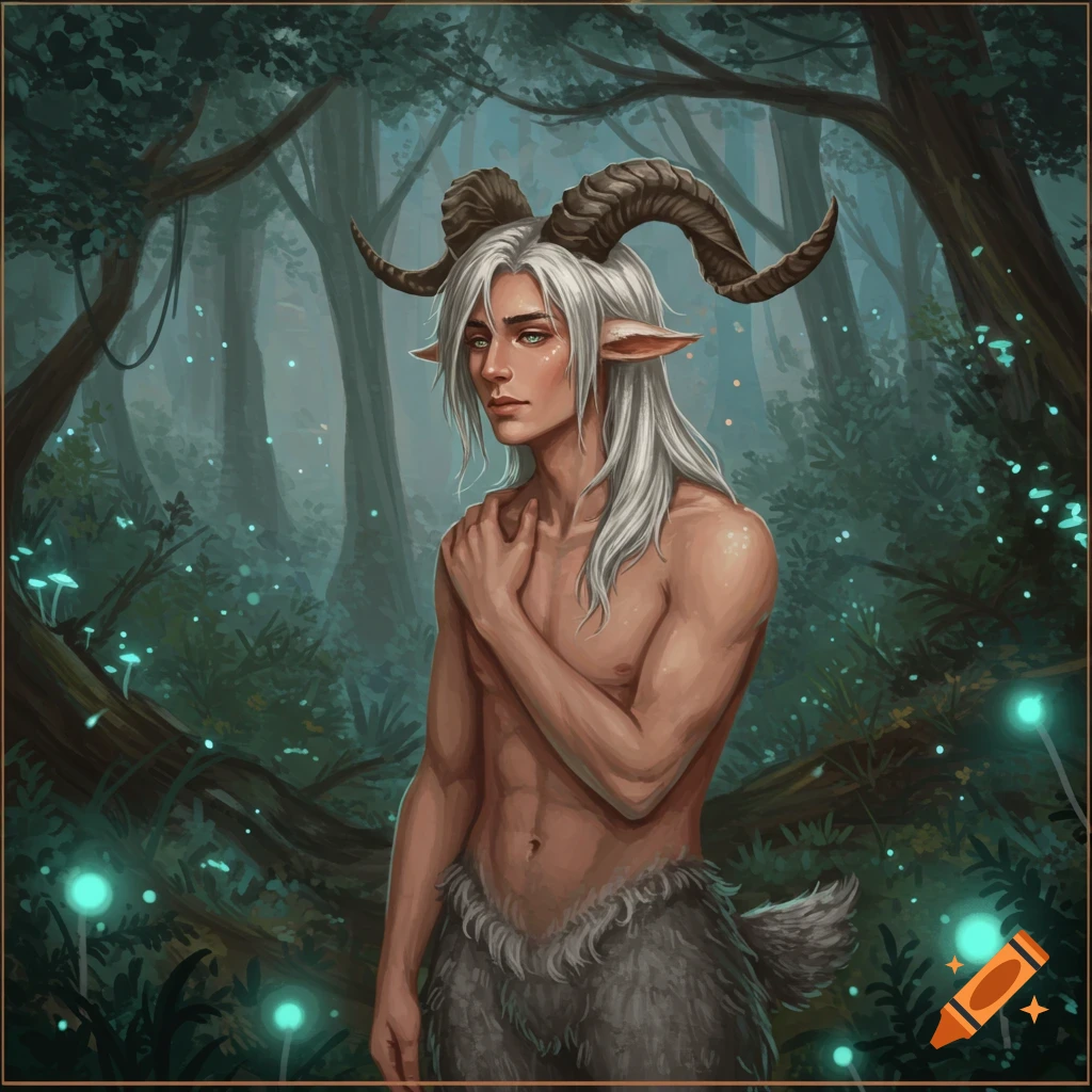 A young, bare-chested satyr with grey hair, ram horns, and furred legs stands in a mystical forest with glowing blue mushrooms.