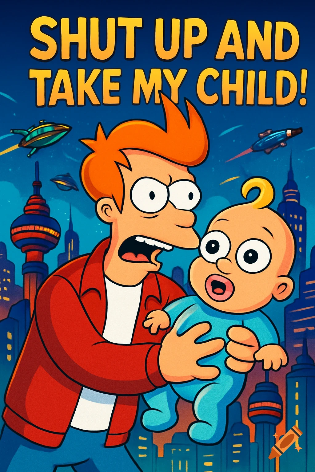 Futurama character Fry holds a baby doll against a night cityscape with flying spaceships, with the meme text 'Shut up and take my child!'.