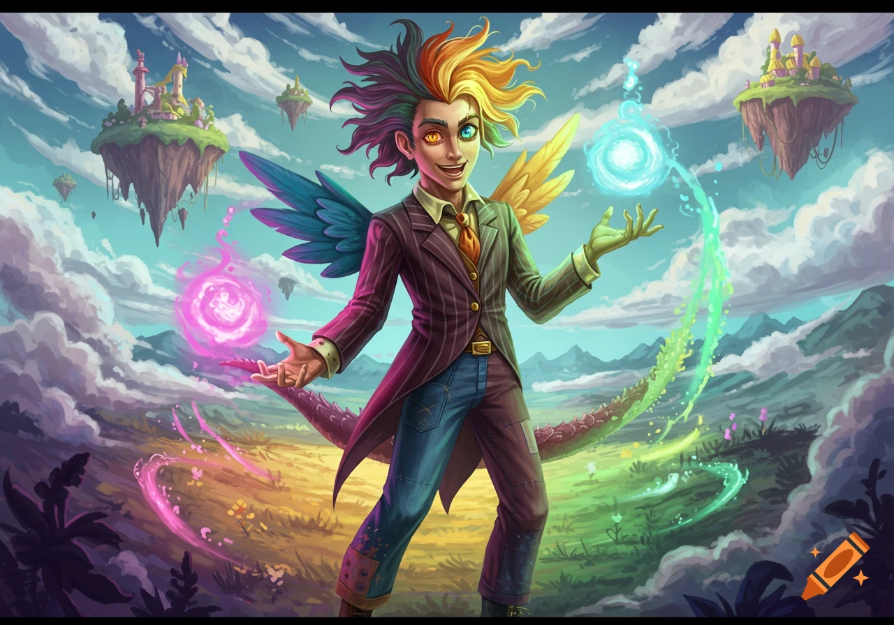 A colorful human-like fantasy character with rainbow hair, wings, and a split suit, conjuring magic amidst floating islands.