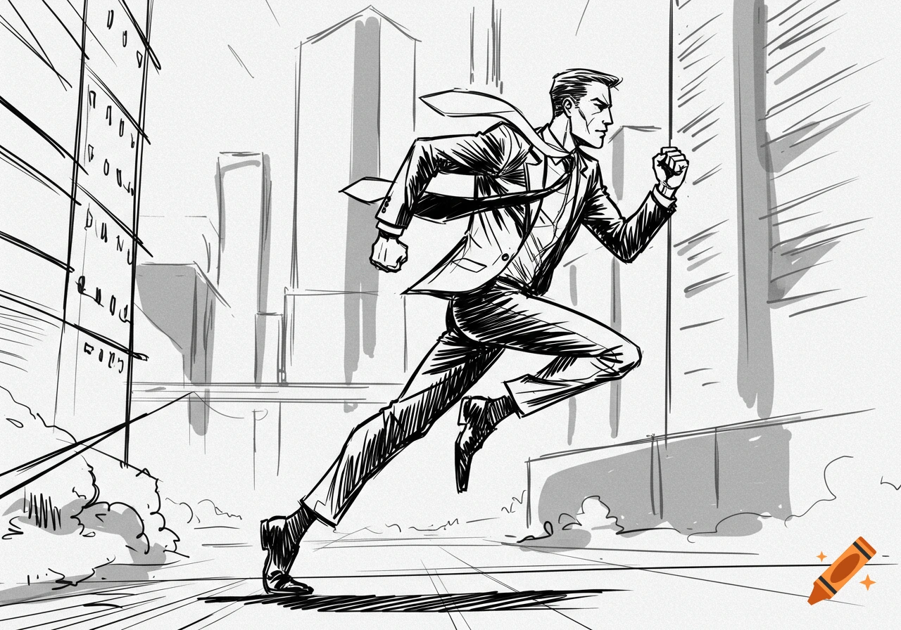 A man in a suit runs through a city, rendered in a black and white sketch art style.