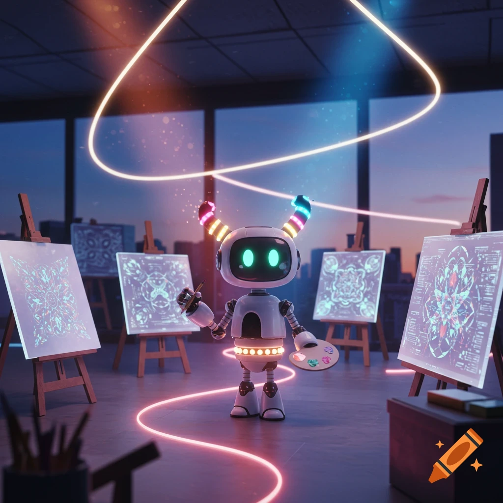 A cute robot with glowing antennae and eyes paints glowing, abstract art on easels in a futuristic cityscape setting, with neon light trails.