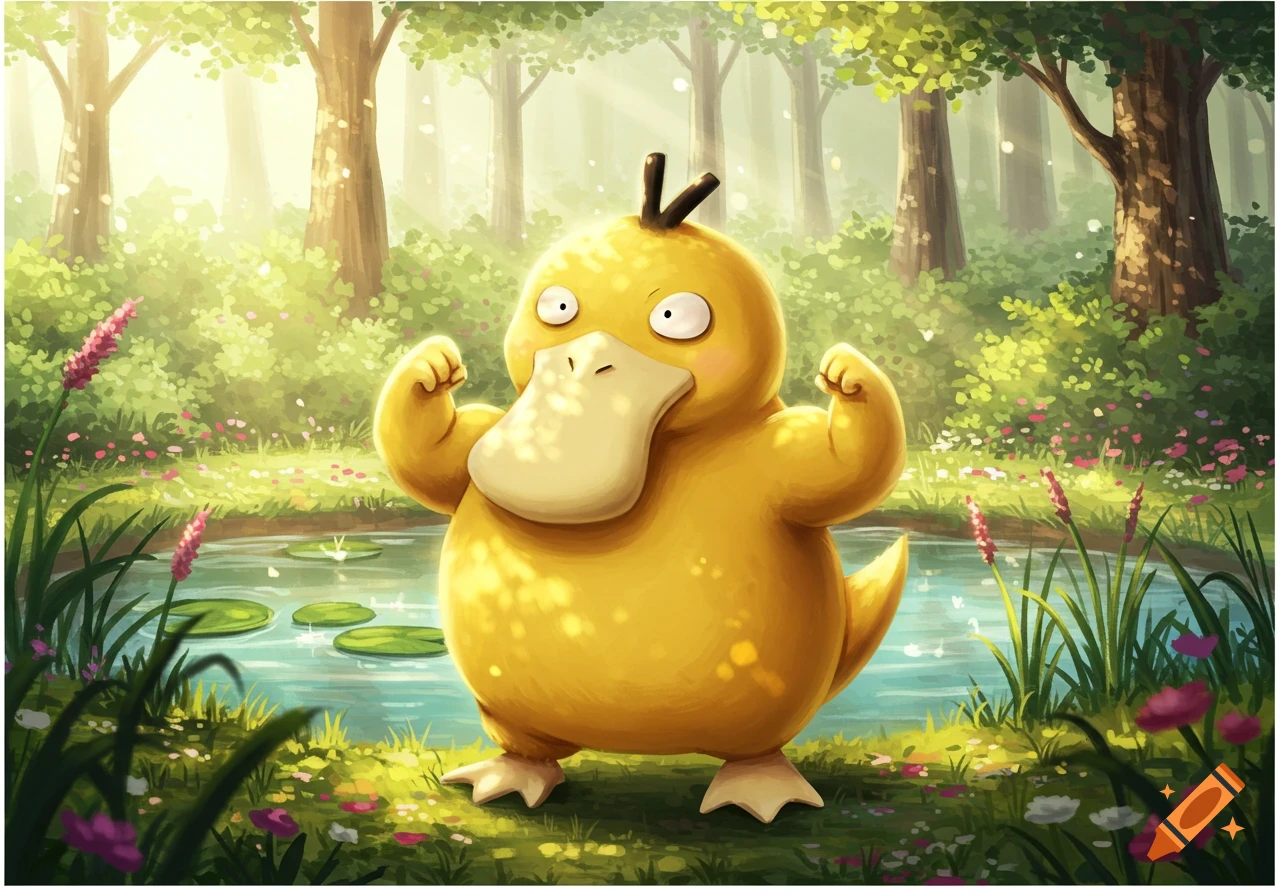 A buff yellow Psyduck flexing its arms, standing by a pond in a lush, sunlit forest.