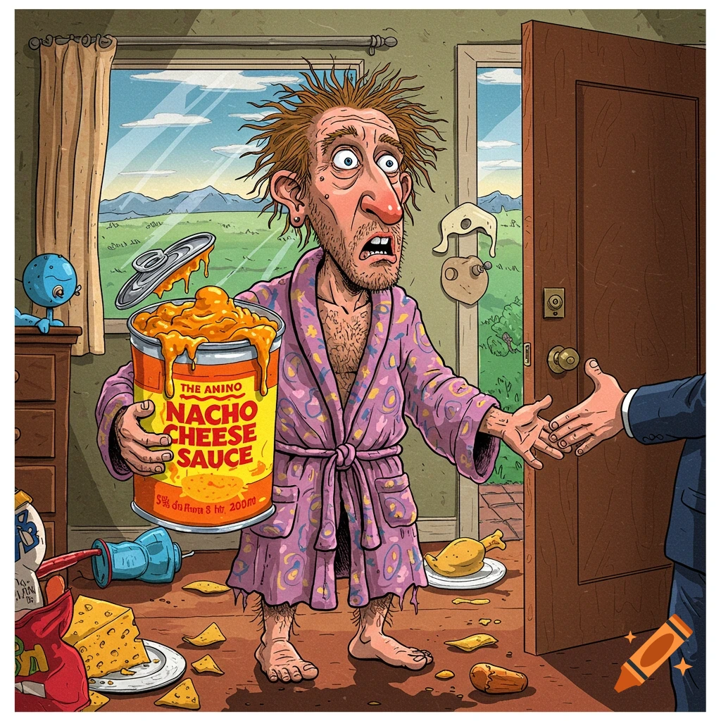 Political cartoon of a disheveled man in a bathrobe, holding a giant nacho cheese can, answering the door to a suited person in a messy room.