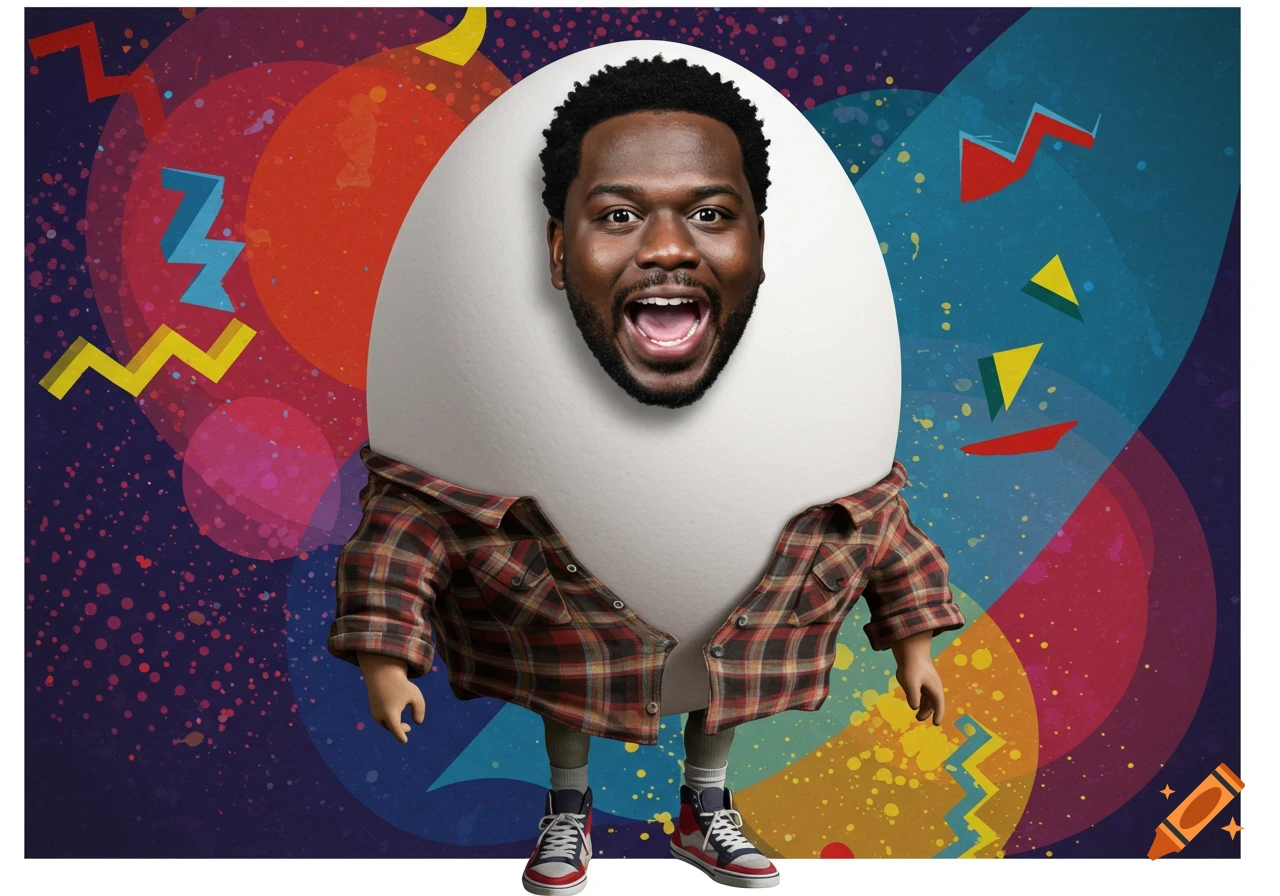 A man's grinning head on a large white egg, wearing a plaid flannel shirt, high socks, and sneakers against a colorful abstract background.