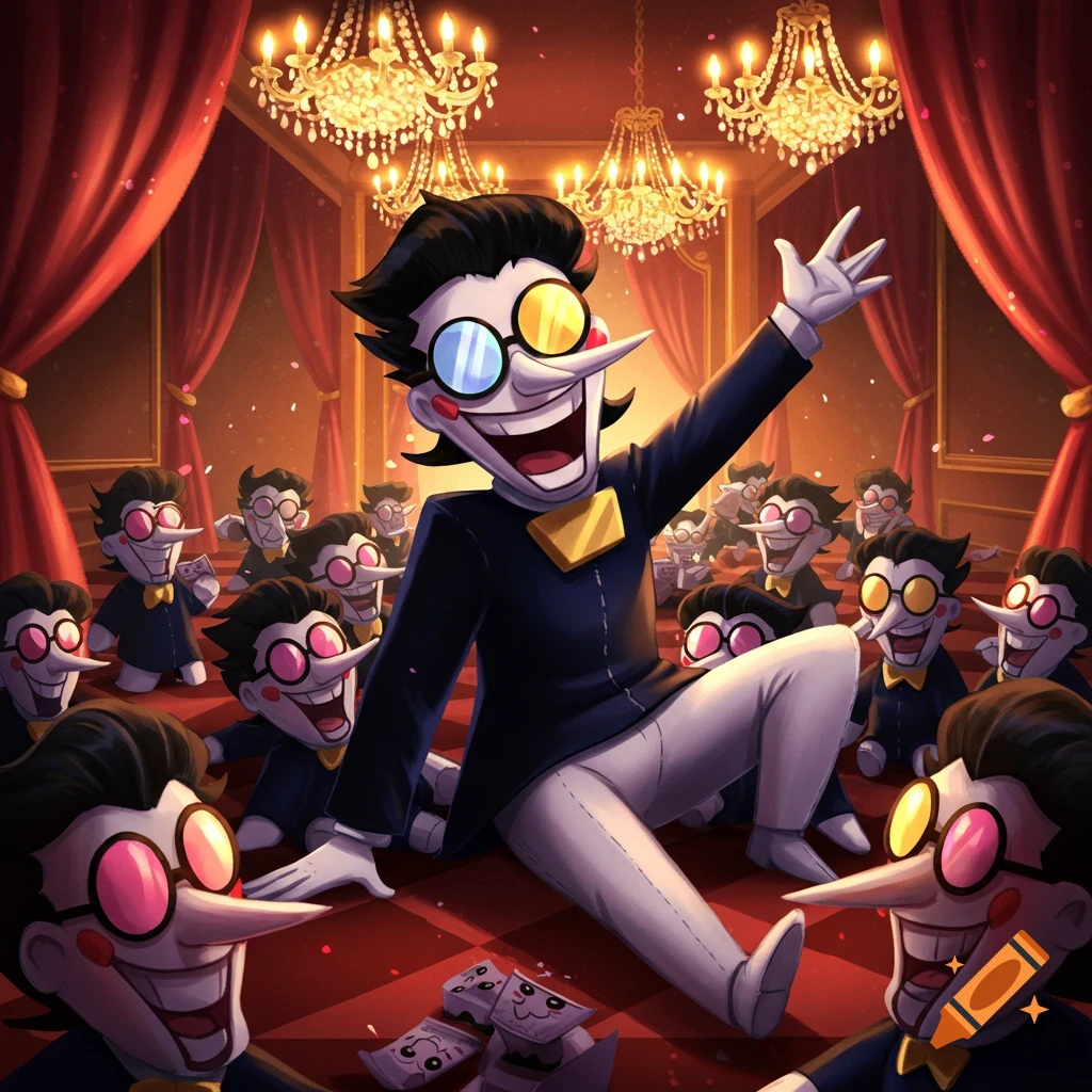 Spamton from Deltarune, a cartoon character with a long nose and mismatched glasses, sits laughing in a red, opulent room with many smaller Spamton plushies, celebrating under chandeliers.