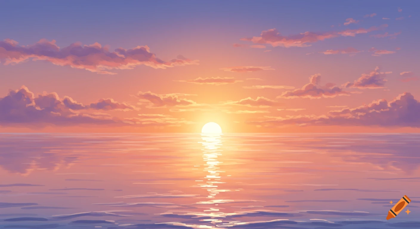 A vibrant illustration of a sunrise over a calm ocean, with golden light reflecting on the water and pink-orange clouds.