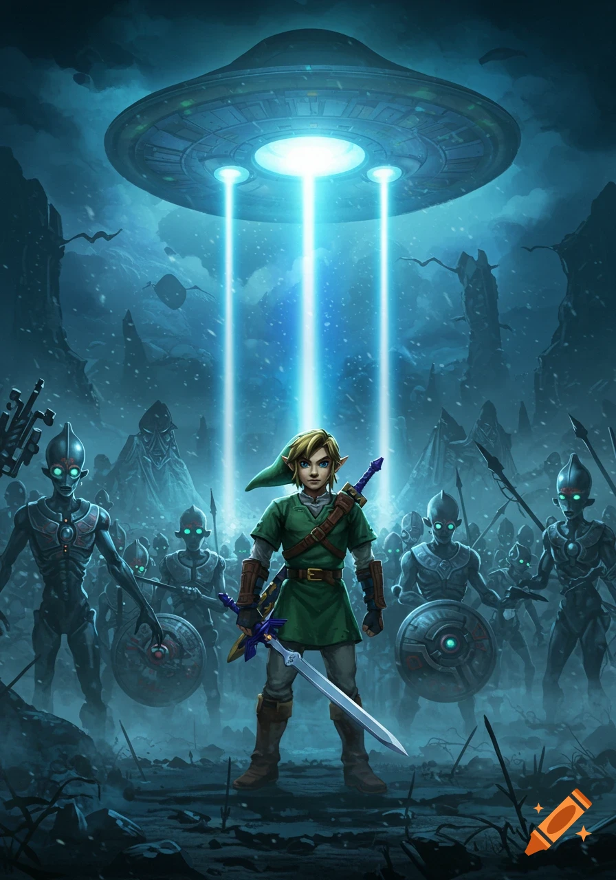 Link from Legend of Zelda stands with a sword, facing an army of aliens under a UFO's light beam in a dark, snowy alien landscape.