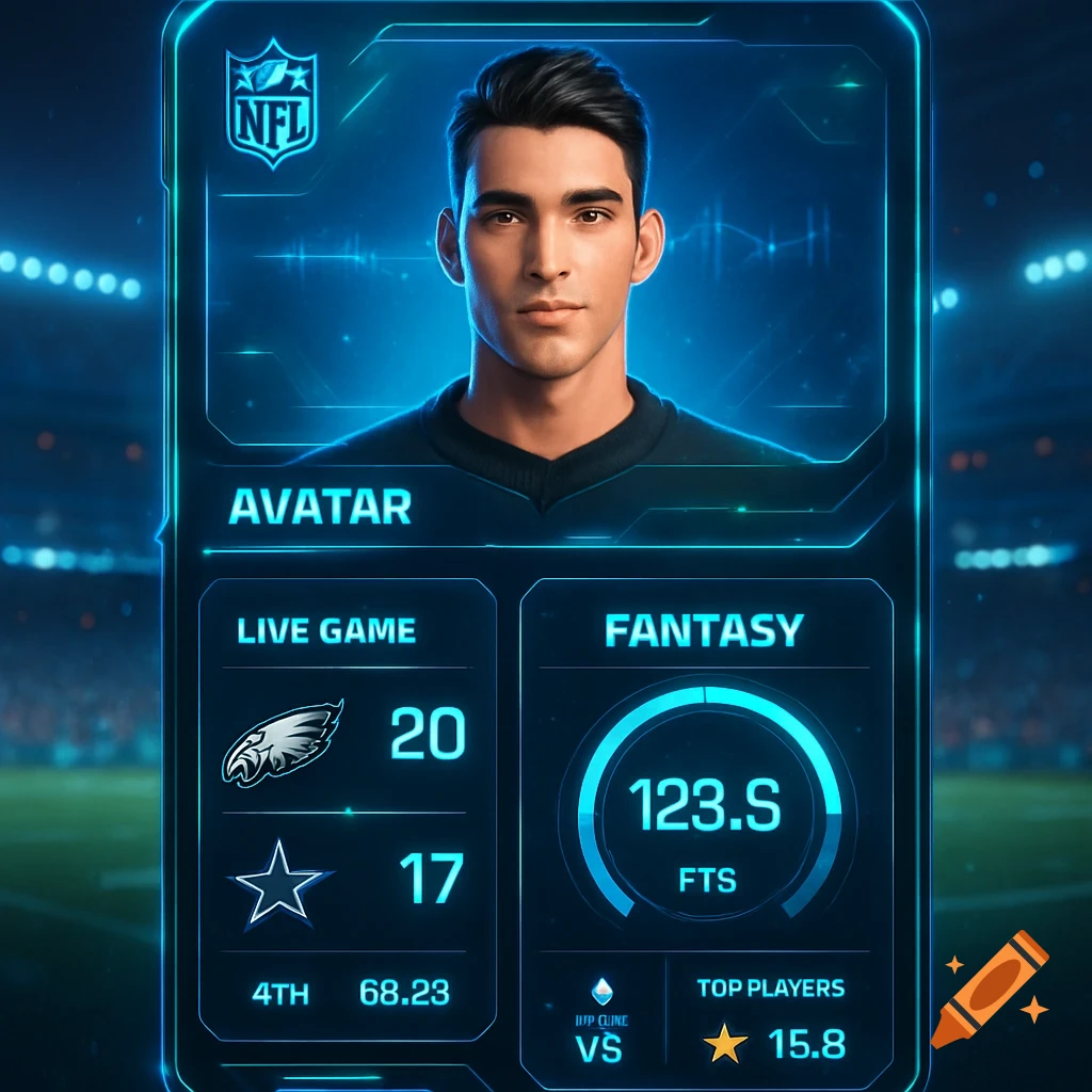 A futuristic blue NFL app interface with a male avatar, live game scores, and fantasy stats, set against a blurred stadium background.