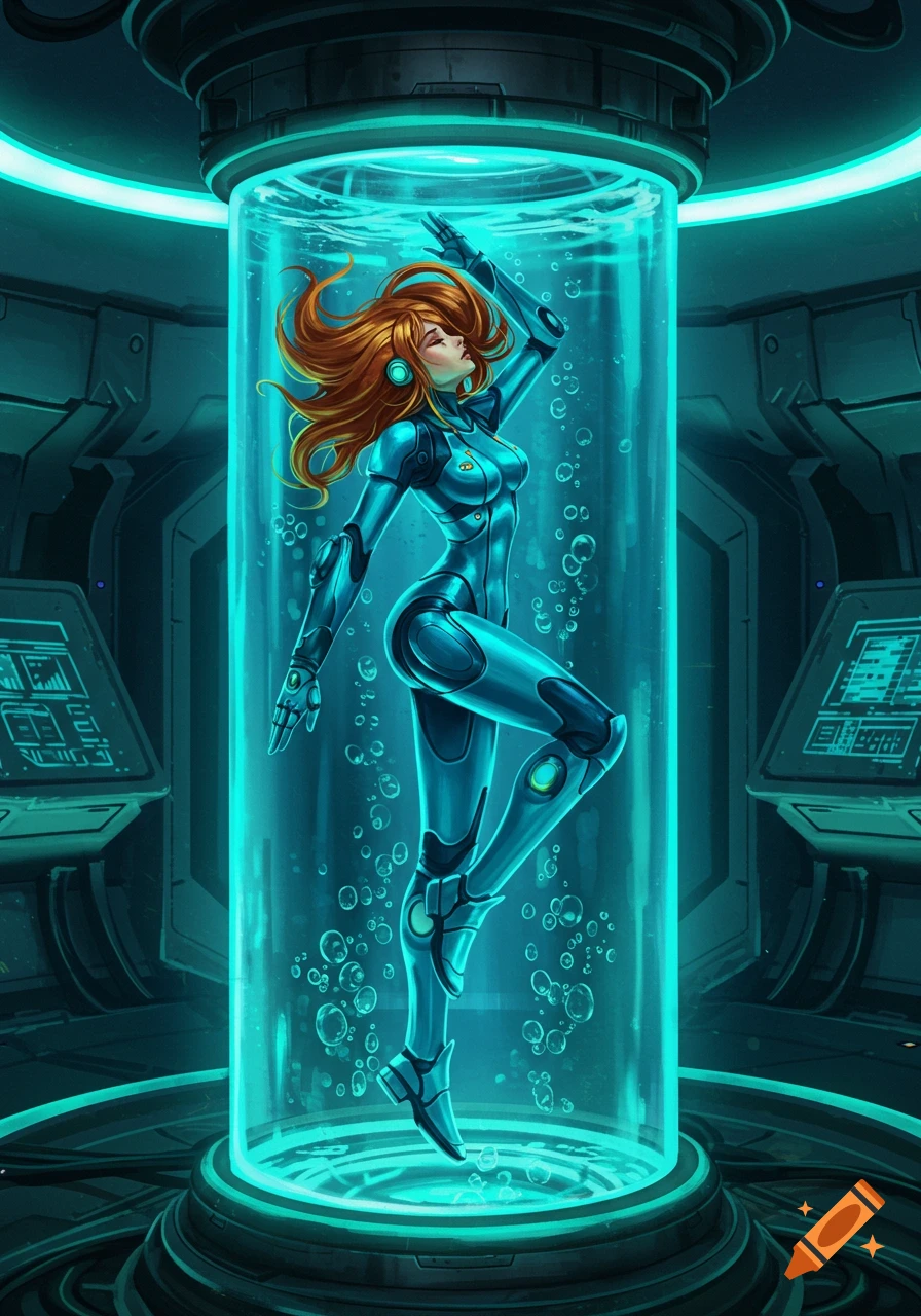 Zero Suit Samus with red hair in a blue futuristic suit floats inside a glowing clear sci-fi tube filled with water and bubbles.