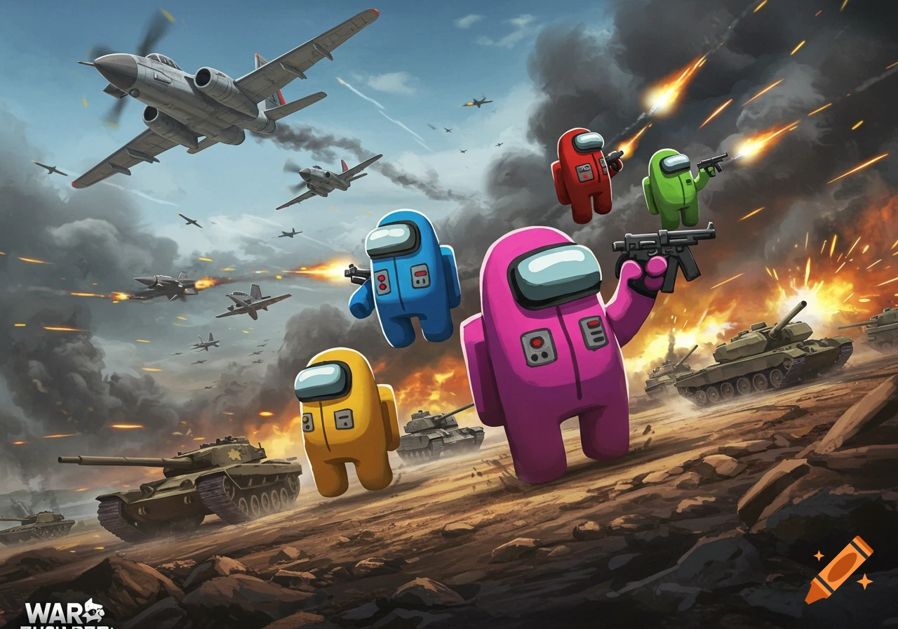 Colorful Among Us characters wield guns amidst a chaotic battlefield with tanks, fighter jets, and explosions, in a cartoonish war scene.